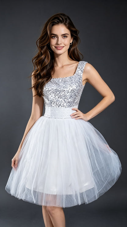 Dreamy A-line White Homecoming Dress Straps Sequins&Lace Short Formal Dress LFNL0611