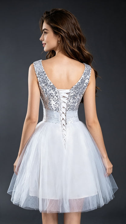 Dreamy A-line White Homecoming Dress Straps Sequins&Lace Short Formal Dress LFNL0611