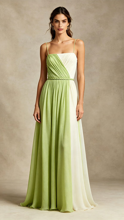 Green and white colour block A-line chiffon evening gown, thin strap long prom dress for UK formal occasions