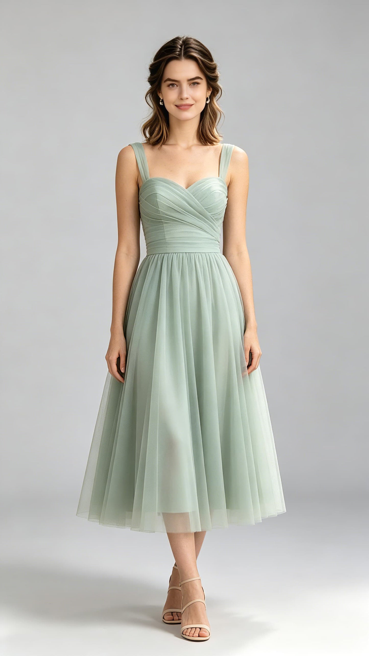 Eye-catching A-line Green Bridesmaid Gowns Straps Chiffon & Tulle Midi Formal Dresses LFNG0010