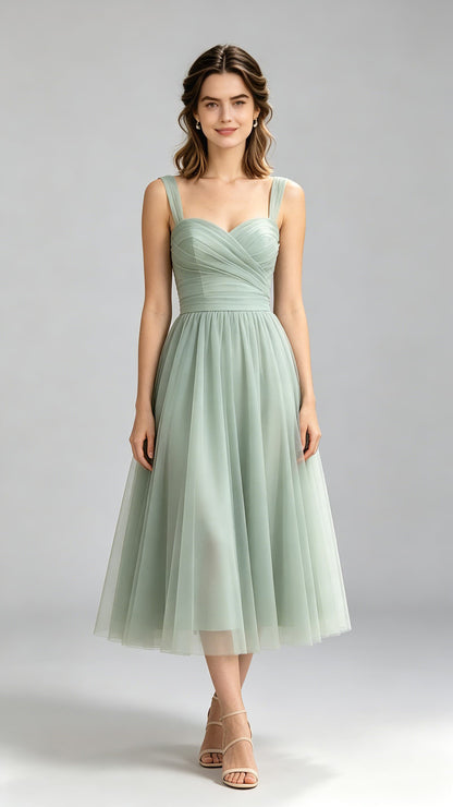 Eye-catching A-line Green Bridesmaid Gowns Straps Chiffon & Tulle Midi Formal Dresses LFNG0010