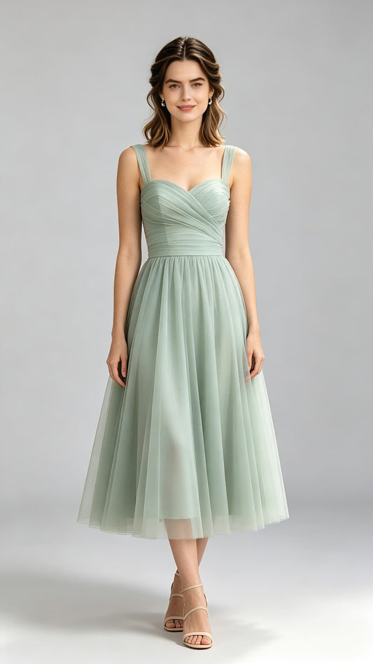 Eye-catching A-line Green Bridesmaid Gowns Straps Chiffon & Tulle Midi Formal Dresses LFNG0010