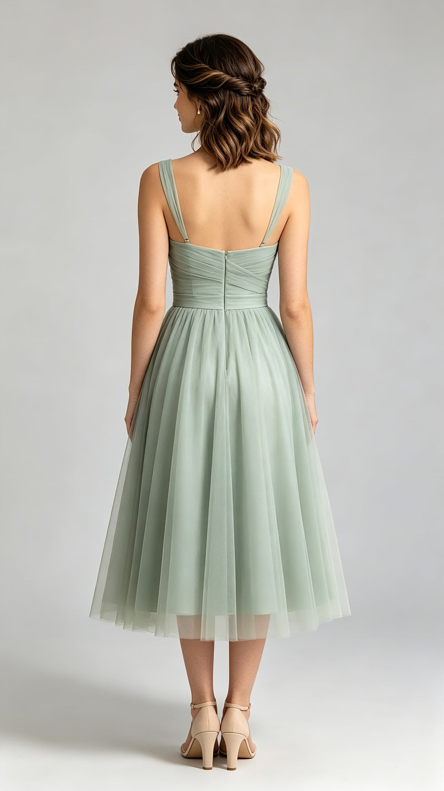 Eye-catching A-line Green Bridesmaid Gowns Straps Chiffon & Tulle Midi Formal Dresses LFNG0010