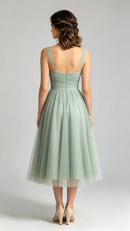 Eye-catching A-line Green Bridesmaid Gowns Straps Chiffon & Tulle Midi Formal Dresses LFNG0010