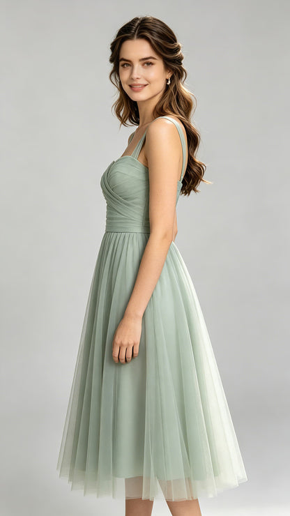 Eye-catching A-line Green Bridesmaid Gowns Straps Chiffon & Tulle Midi Formal Dresses LFNG0010
