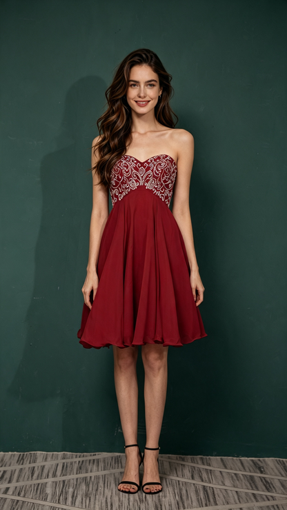 Gorgeous A-line Red Homecoming Dress Strapless Chiffon Short Formal Dress LFNL0651