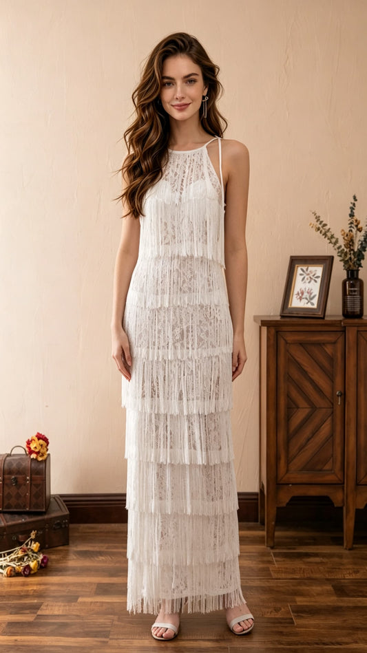 Gorgeous Straight White Evening Dress Halter Lace Long Formal Dress LFNL0603