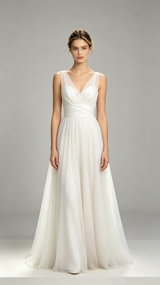 Flowing white A‑line tulle maxi formal gown, sheer wide shoulder panels, wrap v‑neck, crossover waistband, floor‑length airy skirt