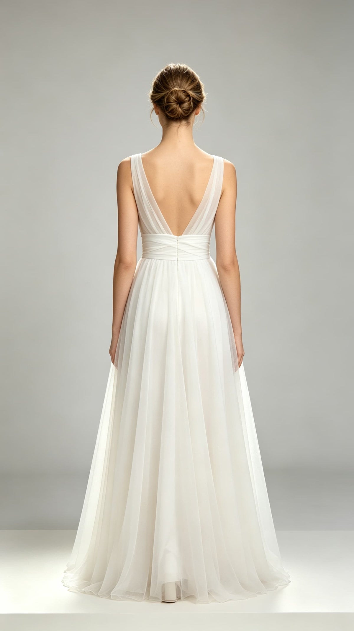 Effortless A-line White Evening Gowns V Neck Tulle Maxi Dress LFNL0792