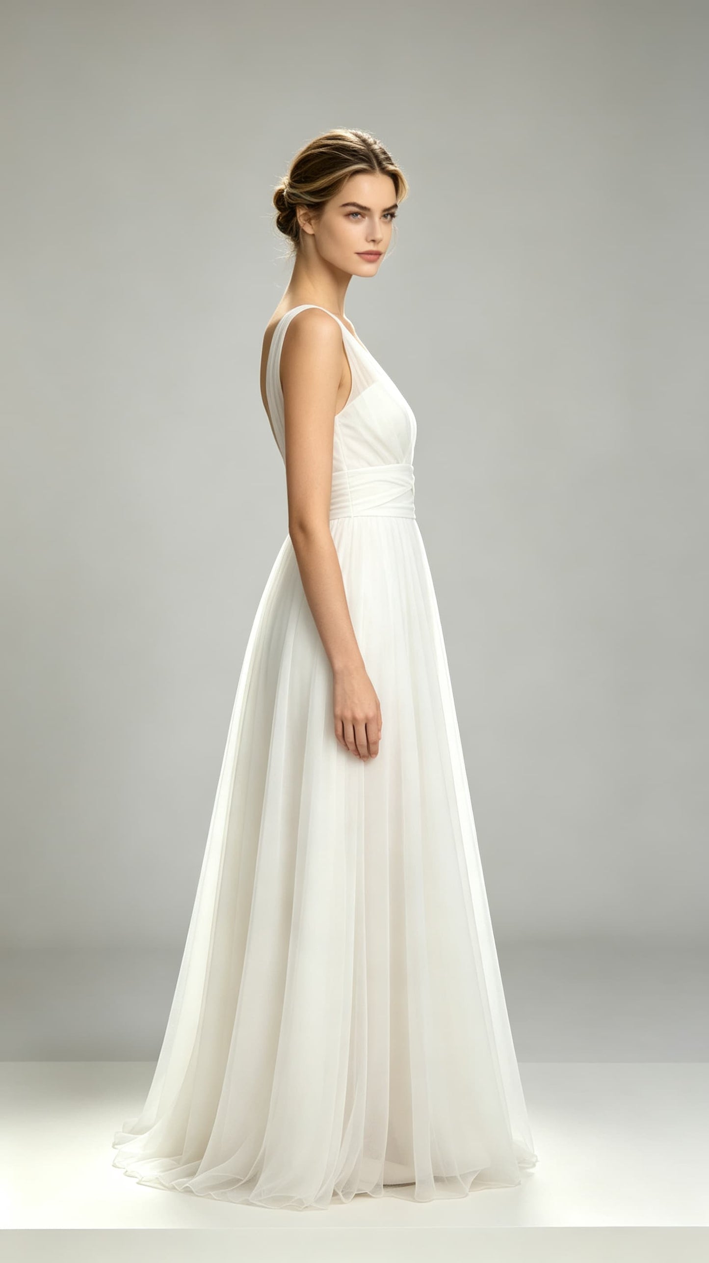 Effortless A-line White Evening Gowns V Neck Tulle Maxi Dress LFNL0792