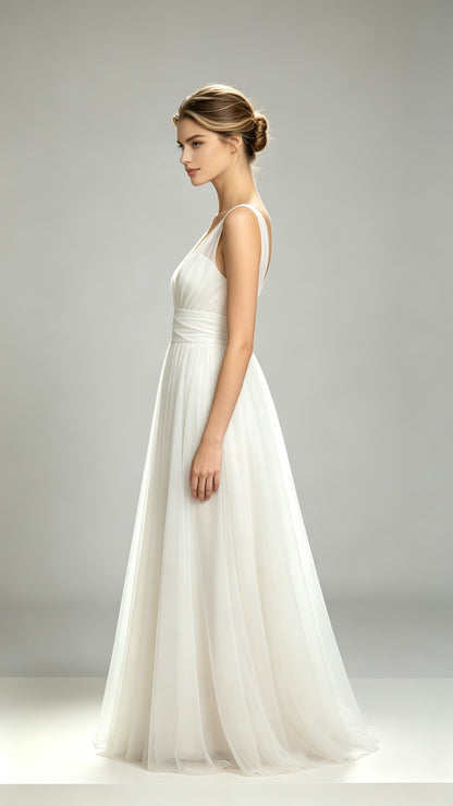 Effortless A-line White Evening Gowns V Neck Tulle Maxi Dress LFNL0792