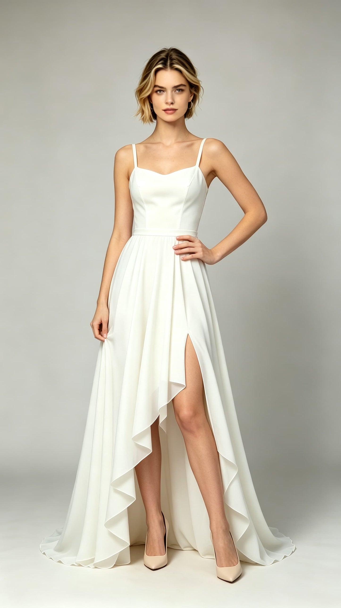 Classy ivory A‑line chiffon evening maxi dress, spaghetti straps, sweetheart bodice, asymmetrical high‑low slit ruffled hem