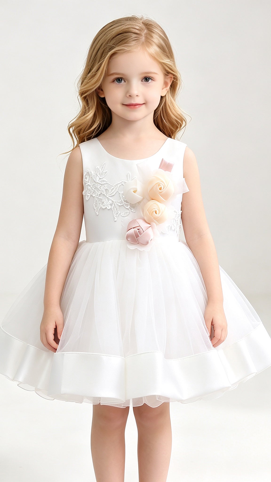 Regal A-line White Flower Girl Dresses Round Neck Tulle & Satin Short Gown LFNGA009
