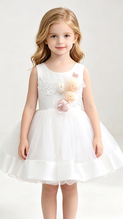 Regal A-line White Flower Girl Dresses Round Neck Tulle & Satin Short Gown LFNGA009