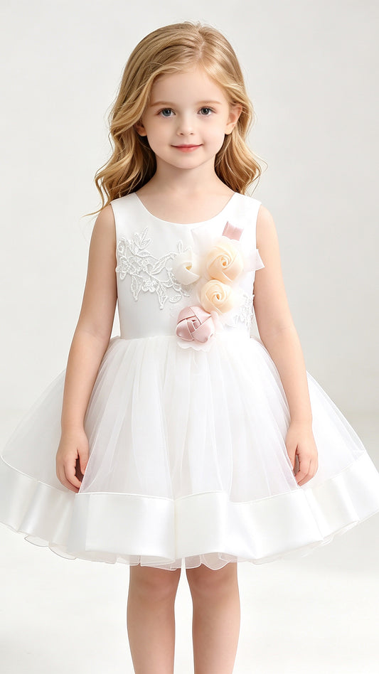 Regal A-line White Flower Girl Dresses Round Neck Tulle & Satin Short Gown LFNGA009