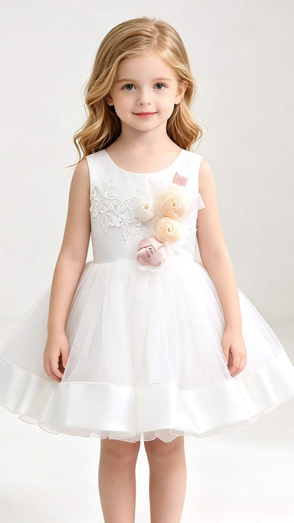 Regal A-line White Flower Girl Dresses Round Neck Tulle & Satin Short Gown LFNGA009