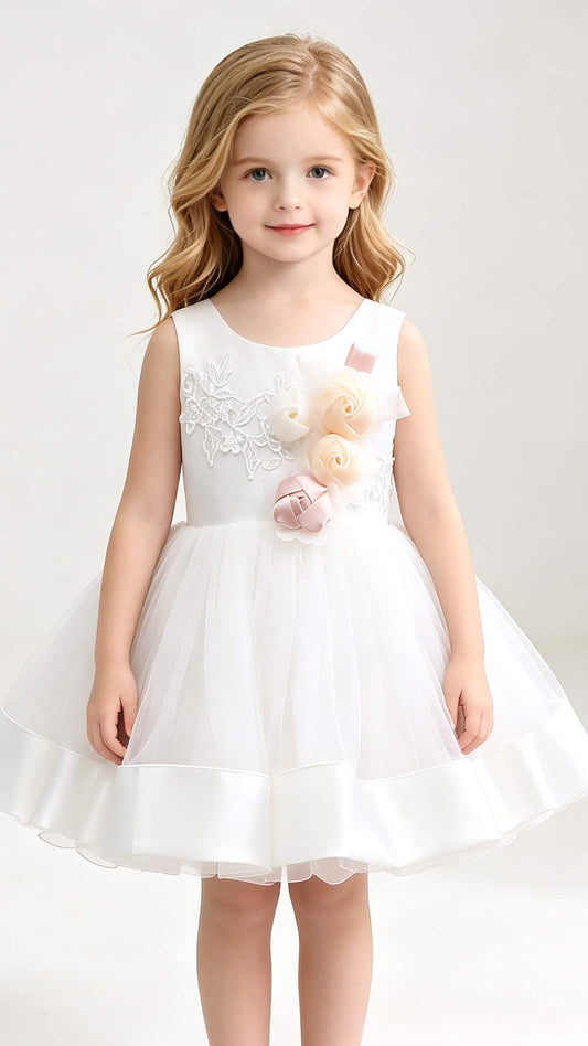 Regal A-line White Flower Girl Dresses Round Neck Tulle & Satin Short Gown LFNGA009
