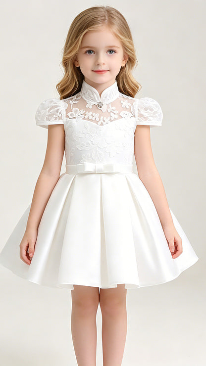 Sweet A-line White Flower Girl Dresses High Collar Lace & Satin Short Gown LFNGA008