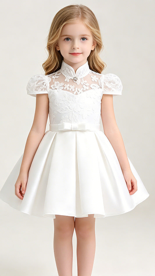 Sweet A-line White Flower Girl Dresses High Collar Lace & Satin Short Gown LFNGA008