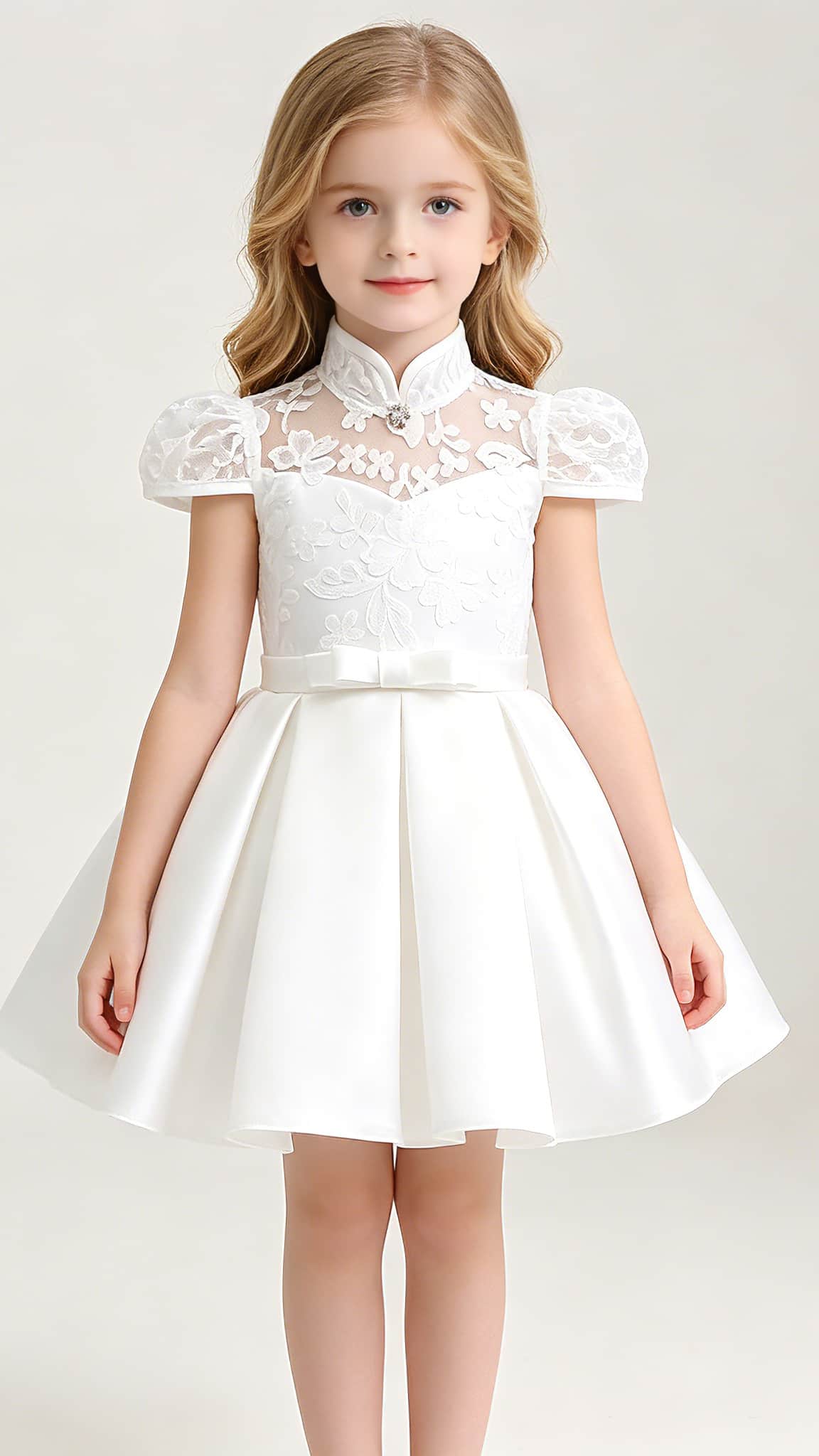 Sweet A-line White Flower Girl Dresses High Collar Lace & Satin Short Gown LFNGA008